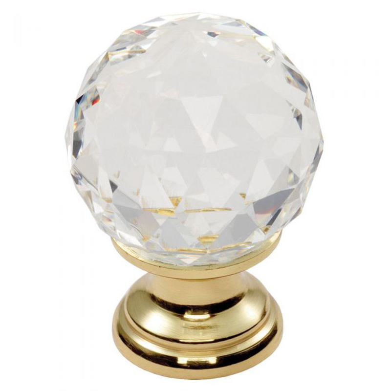 Lead Crystal Clear Faceted Knob - 25mm Dia Clear Translucent Brass