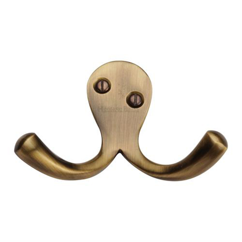 Ball End Double Coat Hook Antique Brass