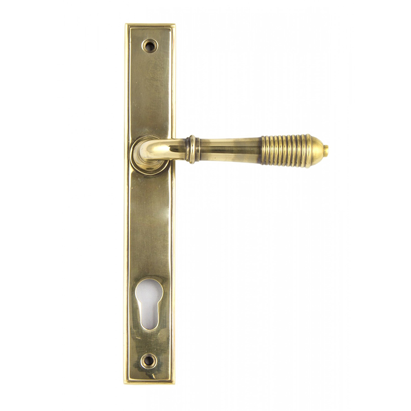 Reeded Slimline Espag Lever Lock Set - Aged Brass
