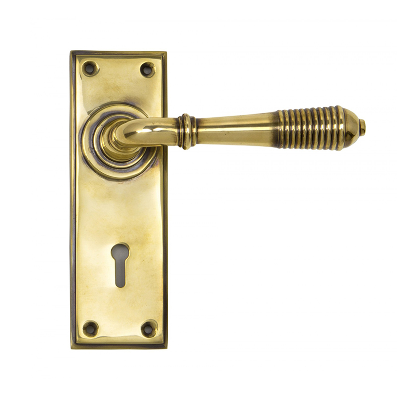 Reeded Slimline Lever Lock Set on Backplate - Aged Brass
